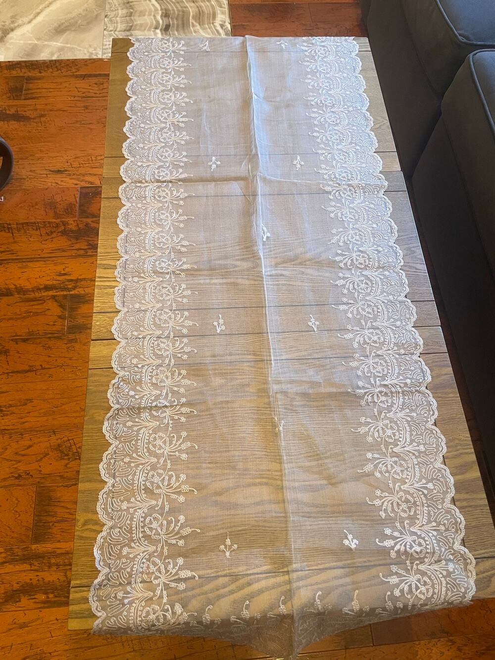 Vintage Embroidered Lace Table Runner Sheer White Floral 70 x 21 Dresser Scarf